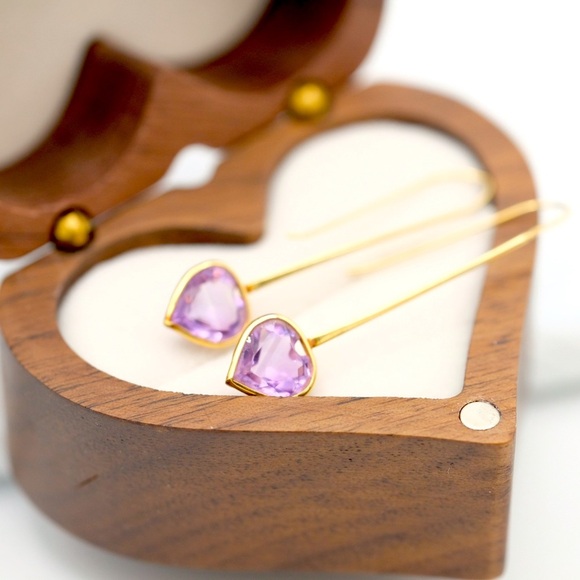 14K Yellow Gold Amethyst Drop earrings 1.5” dangle minimalist Luxe jewelry - Picture 9 of 14